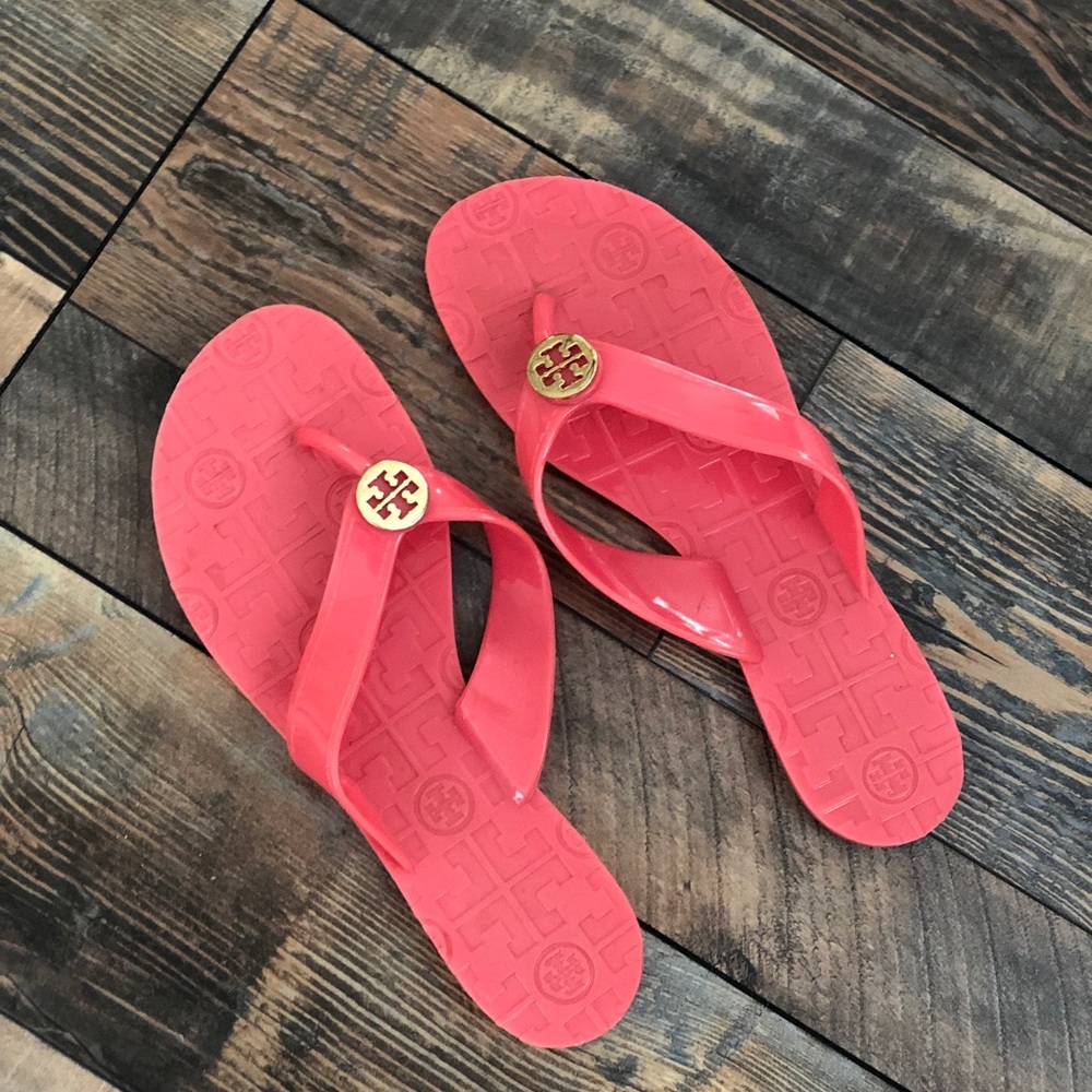 Tory Burch hot pink sandals with gold emblem